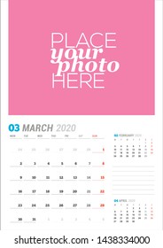 March 2020. Wall calendar planner template. Vector stationery design print template with place for photo. Week starts on Monday. 3 months on page