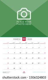 March 2020. Wall calendar planner with place for photo. Vector design print template. Week starts on Sunday