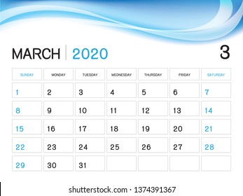 MARCH 2020 Year Template, Calendar 2020 Vector, Desk Calendar Design, Week Start On Sunday, Planner, Stationery, Printing, Size : 8 x 6 inch