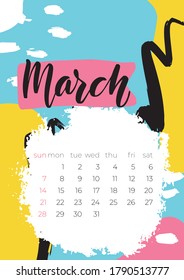 March 2021 calendar. Editable template. Wall calendar planner template. 2021 number design template. Calender design. Monthly calendar. Wall calendar design template.Modern illustration, print design.