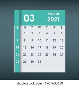 March 2021 Calendar Leaf. Flat design. Monthly calendar design template. Week starts on Sunday. Business vector illustration.