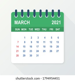 Marzo de 2021 Hoja del Calendario. Calendario 2021 en estilo plano. Ilustración vectorial.