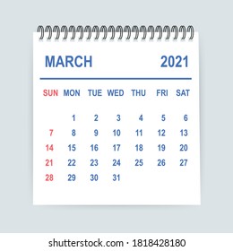 March 2021 Calendar Leaf. Calendar 2021 in flat style. Vector illustration.