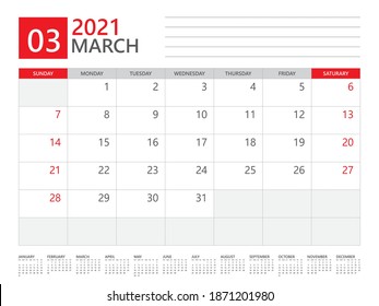Marzo de 2021 calendario de planificación de la semana de diseño corporativo de plantilla comienza el domingo. calendario de escritorio diseño 2021, diseño simple y limpio, diseño vectorial de 12 meses de calendario anual