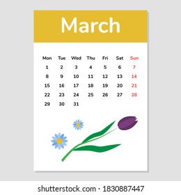 March 2021 calendar sheet with tulip illustration. Vector.