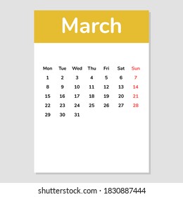 March 2021 calendar sheet. Vector illustration. 