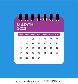 March 2021 Calendar. March 2021 Calendar Vector Illustration. Wall Desk Calendar Vector Template, Simple Minimal Design. Wall Calendar Template For March 2021.