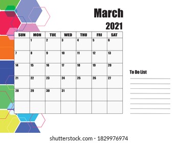 March 2021 Calendar, white background on the left, hexagons of various sizes and colors