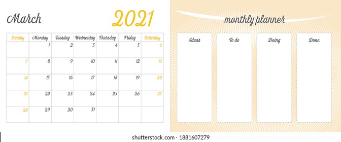 March 2021 Full Monthly Planner: March Calendar on the Left Side, and a Progress To Do List on the Right Side of the Page. Printable Vector Illustration Art.