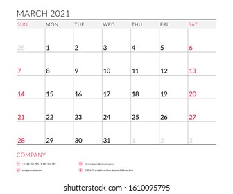 March 2021. Monthly calendar planner printable template. Vector illustration. Week starts on Sunday