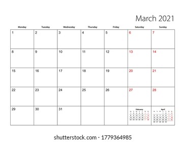 La semana comienza el lunes. Planificador del calendario vectorial.