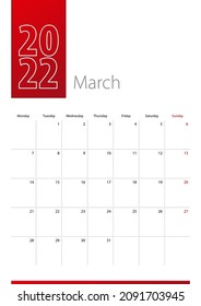 Diseño del calendario de marzo de 2022. La semana comienza el lunes. Plantilla de calendario vertical 2022.
