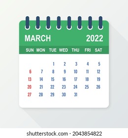 March 2022 Calendar Leaf. Calendar 2022 in flat style. Vector illustration.