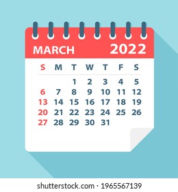 Hoja del Calendario de marzo de 2022 - Ilustración de vectores