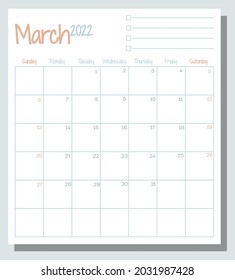 March 2022 calendar month planner with To Do List, week starts on Sunday, template, mock up calendar leaf illustration. Vector graphic page