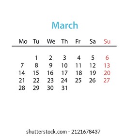 March 2022 calendar. 2022 New Year Concept