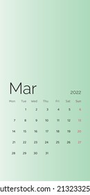 March 2022 calendar planner set for template corporate design week start on Monday. Vector