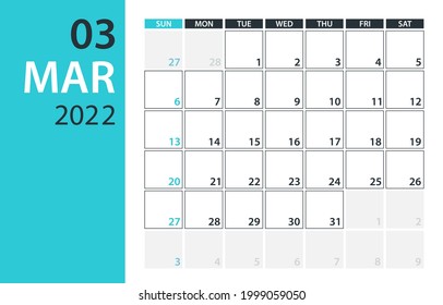March 2022 Calendar Planner - vector illustration. Template. Mock up.
