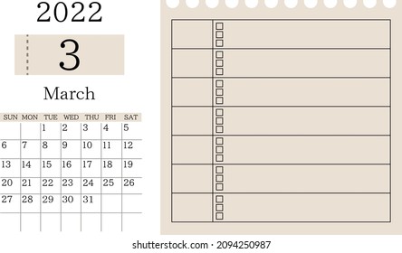 Calendario y cuadro de marzo de 2022