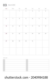 March 2022 calendar template illustration. Note, scheduler, diary, planner document template illustration.