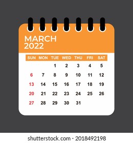 March 2022 Calendar. March 2022 Calendar Vector Illustration. Wall Desk Calendar Vector Template, Simple Minimal Design. Wall Calendar Template For March 2022.
