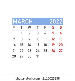 März 2022 Kalender. march 2022 Kalender, Vektorgrafik. Wall-Desk-Kalender Vektorvorlage, Einfache minimale Design.