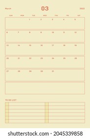 March 2022 colorful cute graphic design digital and printable calendar template illustration. Notes, scheduler, diary, calendar, memo, planner document template background.