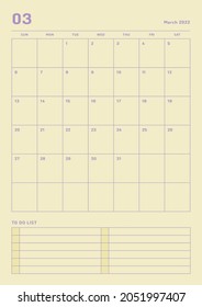 March 2022 colorful cute graphic design digital and printable calendar template illustration. Notes, scheduler, diary, calendar, memo, planner document template background.