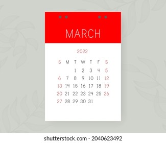 March сalendar 2022. English vector calender page on wall background with leaves. Week starts on Sunday