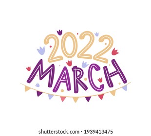 Logo de marzo de 2022 con tulipanes dibujados a mano y garland. Emblema de los meses para el diseño de calendarios, postales de temporada, diarios. Ilustración del vector Doodle aislada en fondo blanco.