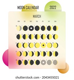 March 2022 Moon calendar. Astrological calendar design. planner. Place for stickers. Month cycle planner mockup. Isolated colorful glassmorphism background.