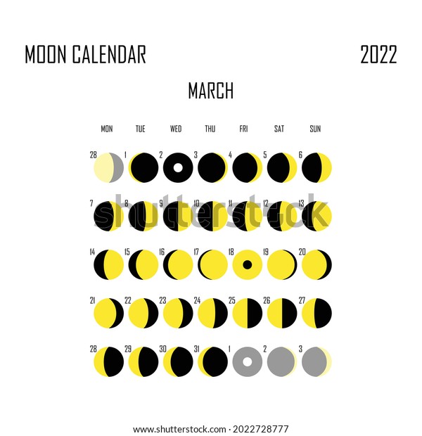 March 2022 Moon calendar. Astrological\
calendar design. planner. Place for stickers. Month cycle planner\
mockup. Isolated black and white\
background.