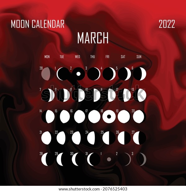 March 2022 Moon calendar. Astrological\
calendar design. planner. Place for stickers. Month cycle planner\
mockup. Isolated color liquid\
background.
