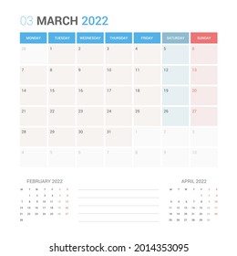 March 2022 Planner Calendar Week starts on Monday. Simple and clean calendar design planner template vector.