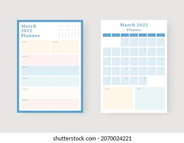 March 2022 planner template set. Set of planner and to do list. Monthly, weekly, daily planner template. Vector illustration.