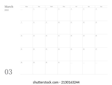 March 2022 simple design digital and printable calendar template illustration. Notes, scheduler, diary, calendar, memo, planner document template background. 