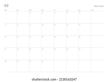 March 2022 simple design digital and printable calendar template illustration. Notes, scheduler, diary, calendar, memo, planner document template background. 