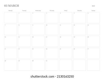 March 2022 simple design digital and printable calendar template illustration. Notes, scheduler, diary, calendar, memo, planner document template background. 