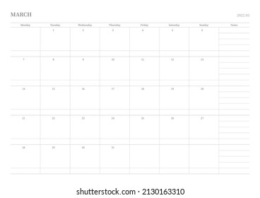 Marzo de 2022 diseño simple digital e imprimible ilustración de plantilla de calendario. Notas, programador, diario, calendario, nota, fondo de plantilla de documento del planificador. 