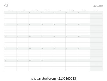 March 2022 simple design digital and printable calendar template illustration. Notes, scheduler, diary, calendar, memo, planner document template background. 