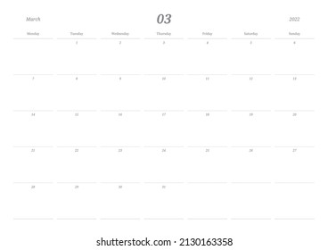 March 2022 simple design digital and printable calendar template illustration. Notes, scheduler, diary, calendar, memo, planner document template background. 