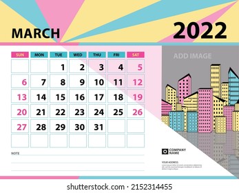 March 2022 template-Calendar 2022 year design, Desk calendar 2022 year, Planner, Week starts on Sunday, Wall calendar design, Stationery design, vintage background vector eps10