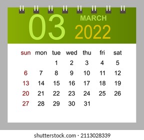 March 2022. Vector monthly calendar template 2022 year in simple style for template design. Week starts from Sunday.