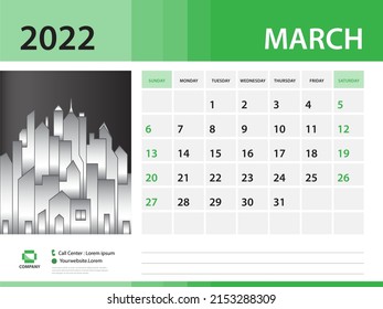 March 2022 year- Calendar 2022 template, Desk Calendar, Week Start On Sunday, green background