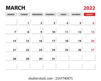 March 2022 year planner template, calendar 2022 template, monthly and yearly planners. organizer diary. week start monday, corporate planner template, Desk calendar 2022, Horizontal layout, vector