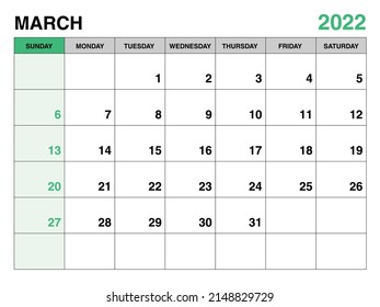 March 2022 year planner template, calendar 2022 template, monthly and yearly planners. organizer diary. week start Sunday, corporate planner template, Desk calendar 2022, green background, vector