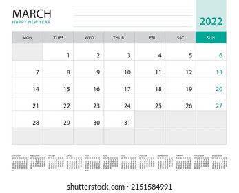 Marzo de 2022-Calendario 2022, vector de plantilla sobre fondo verde, semana de inicio el lunes, calendario de escritorio 2022 año, diseño de calendario de pared, plantilla de planificador corporativo, Stationery, diario de organizadores, vector