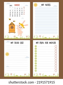 March 2023. Calendar with cute bunny beekeeper in apiary with bees. Vector set vertical page a4 templates planner, to-do list, my plan and notes. Week from Monday, in English. Chinese year of rabbit