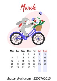 March 2023 Calendar. The Hare Rides A Bicycle. Flat Vector Illustration.