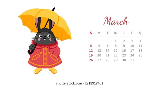 March 2023 calendar page horizontal template. Cute bunny character with umbrella. Rabbit, chinese symbol and mascot of new year. Week starts on sunday. Vector illustration.